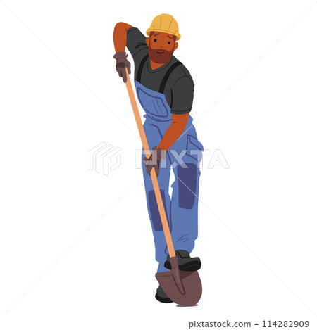 Smiling Black Worker In Blue Overalls And Hard Hat, Working with Shovel, Character Engages in Manual Labor Smiling Black Worker In Blue Overalls And Hard Hat, Working with Shovel, Character Engages in Manual Labor 114282909