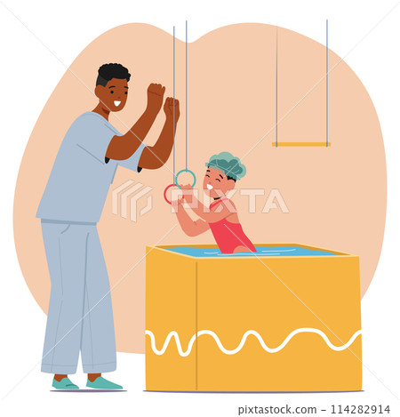 Smiling Therapist Character Encourages Happy Young Girl As she Practices Balance And Coordination In A Hydrotherapy Pool 114282914