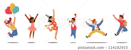 Children Leap With Joy Holding Balloons And Party Horns Isolated on White Background. Little Characters at Holiday Party 114282915