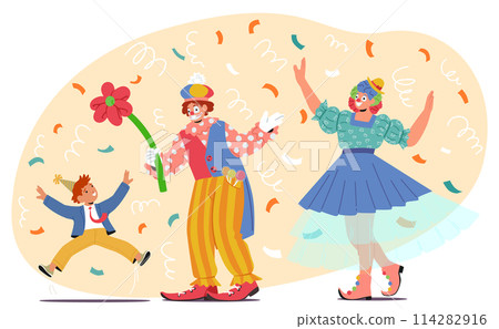 Animator Clowns In Bright, Whimsical Attire Create A Delightful Scene At Children Party. Characters Juggling And Dancing 114282916