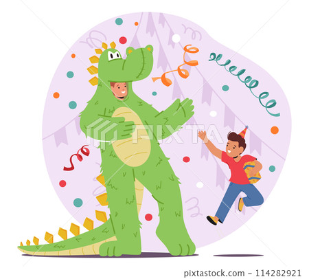 Child Gleefully Dances With Animator Character In Crocodile Costume Under Festive Lights And Bunting, Adding Excitement Child Gleefully Dances With Animator Character In Crocodile Costume Under Festive Lights And Bunting, Adding Excitement 114282921