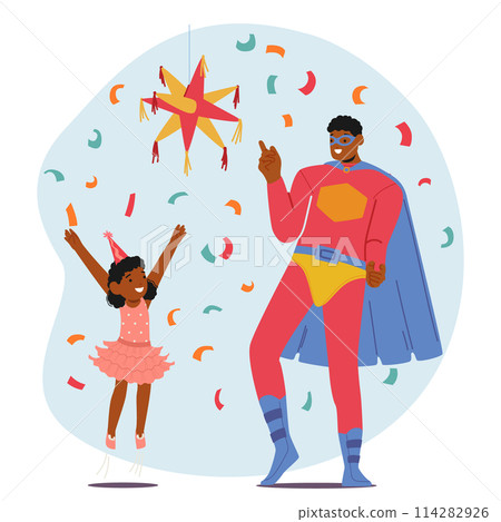 Superhero Animator Character Engages With A Delighted Child, Both Surrounded By Festive Confetti, Vector Illustration 114282926