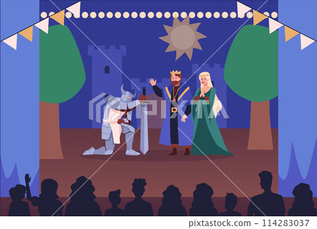 Theatre actors knight in armor with sword on his knees in front of king and queen on scene flat vector, spectators Theatre actors knight in armor with sword on his knees in front of king and queen on scene flat vector, spectators 114283037