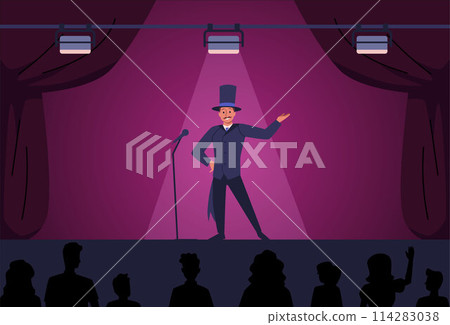 Actor on the stage of a theater hall. Flat vector illustration. 114283038