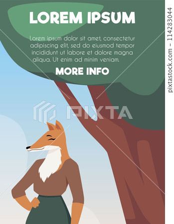 Fox in clothes on a wood background, vector poster. 114283044