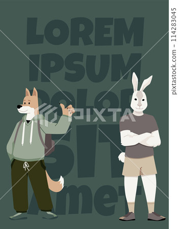 Anthropomorphic animals on vector poster, cute dressed furry dog and hare, cartoon doggy bunny in casual fashion clothes 114283045