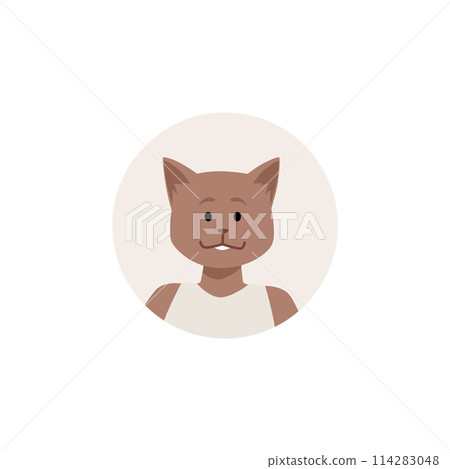Cute dressed furry cat in beige round vector avatar, cartoon anthropomorphic feline pet in casual fashion clothes Cute dressed furry cat in beige round vector avatar, cartoon anthropomorphic feline pet in casual fashion clothes 114283048