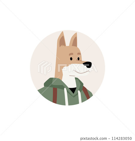 Cute dressed furry dog in beige round vector avatar, cartoon anthropomorphic doggy pet in hoodie casual fashion clothes Cute dressed furry dog in beige round vector avatar, cartoon anthropomorphic doggy pet in hoodie casual fashion clothes 114283050