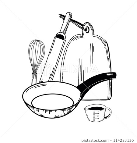 Kitchen composition. Wooden cutting board, cooking measuring cup, whisk, frying pan, rolling pin, all objects are drawn in vector in black. For printing on fabric, paper, stickers, design. 114283130