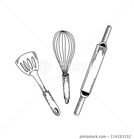 Kitchenware. Rolling pin for rolling out dough, whisk for whipping, spatula for cooking. All objects are drawn in vector in black. Suitable for printing on fabric, paper, towels, dishes. Kitchenware. Rolling pin for rolling out dough, whisk for whipping, spatula for cooking. All objects are drawn in vector in black. Suitable for printing on fabric, paper, towels, dishes. 114283132