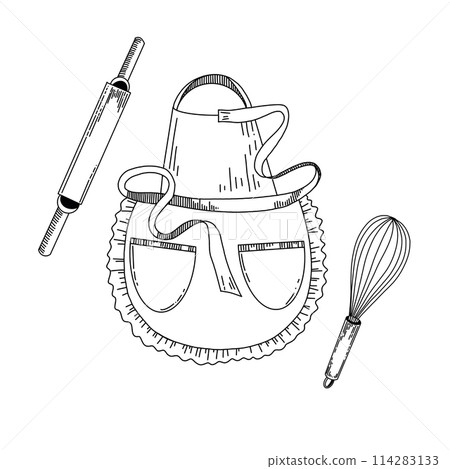Vector illustration. An apron for cooking, a rolling pin for dough, a whisk for whipping cream and dough. All objects are drawn in vector by hand. For printing on fabric, paper, towels, dishes. 114283133