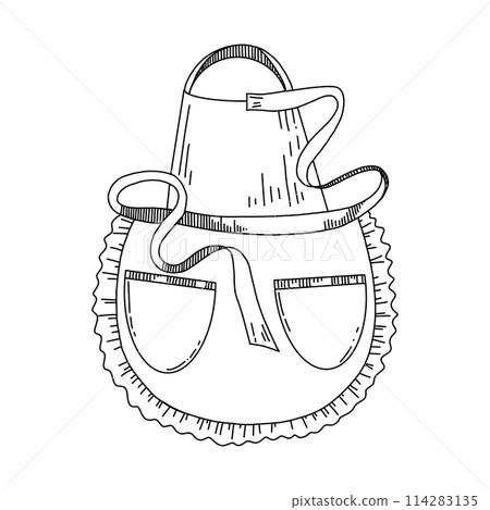 Kitchenware. Cooking apron with lace and ribbons, drawn in black vector. Suitable for printing on fabric, paper, stickers, design, scrapbooking. Kitchenware. Cooking apron with lace and ribbons, drawn in black vector. Suitable for printing on fabric, paper, stickers, design, scrapbooking. 114283135