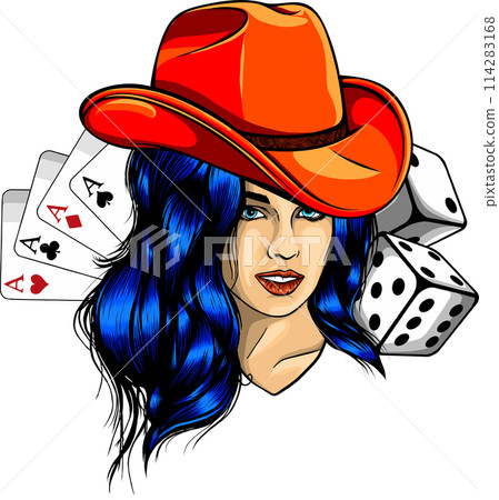 Casino logo with black hair girl, dices, cards, vector illustration Casino logo with black hair girl, dices, cards, vector illustration 114283168