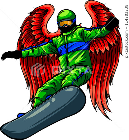 Vector flat cartoon snowboarder jumping. illustration on white background Vector flat cartoon snowboarder jumping. illustration on white background 114283239