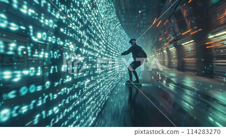 Man riding a hoverboard on a digital wave of binary code in a virtual world 114283270