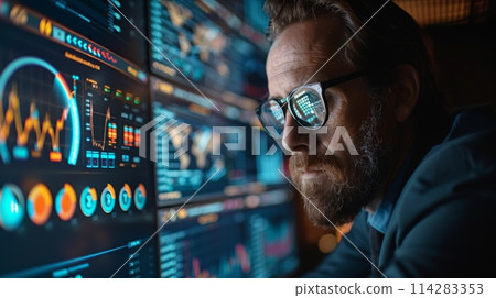 Closeup of a focused business consultant interacting with futuristic holographic data analysis displays 114283353