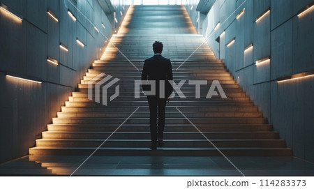 Silhouette of a man standing at the bottom of a modern, welllit stairway Silhouette of a man standing at the bottom of a modern, welllit stairway 114283373