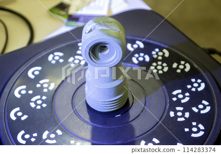 3D Scanning of object. Three-dimensional scanner with blue laser volumetric scanning surface of object for prototyping. High precision new innovation modern technology equipment. Science accuracy 114283374