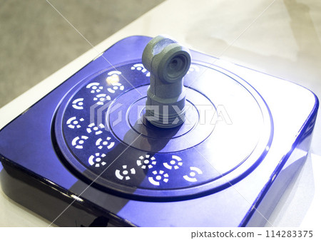3D Scanning of object. Three-dimensional scanner with blue laser volumetric scanning surface of object for prototyping. High precision new innovation modern technology equipment. Science accuracy 114283375