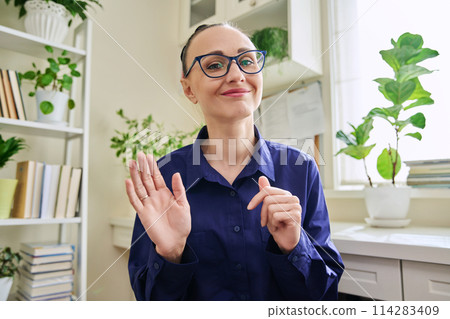 Webcam view of smiling middle-aged woman talking 114283409