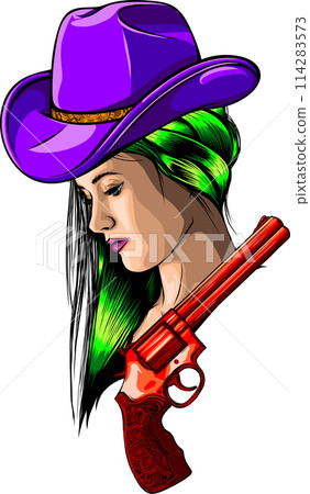 Woman with a cowboy hat. Hand drawn vector illustration on white background Woman with a cowboy hat. Hand drawn vector illustration on white background 114283573