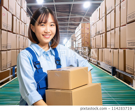 A woman in charge of inventory management in a warehouse_4 114283719