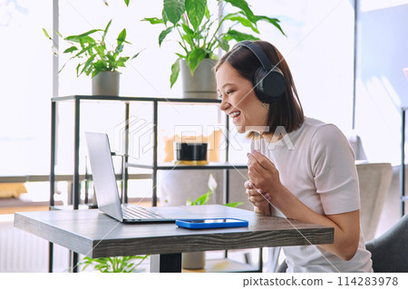 Young woman in headphones having video chat conference using laptop sitting in cafe 114283978