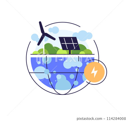 Renewable energy,Planet with solar panel and wind turbine,Alternative power sources thin line customizable 114284008