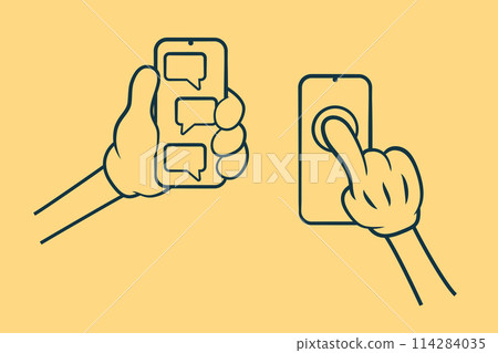 Mobile phone in the hands. Cartoon hands holding smartphone and taping on the touchscreen. 114284035