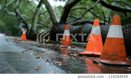 A huge tree fell on the road due to windy weather - Stock Illustration ...