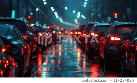 Cars are stuck in a traffic jam on a rainy evening Cars are stuck in a traffic jam on a rainy evening 114284050