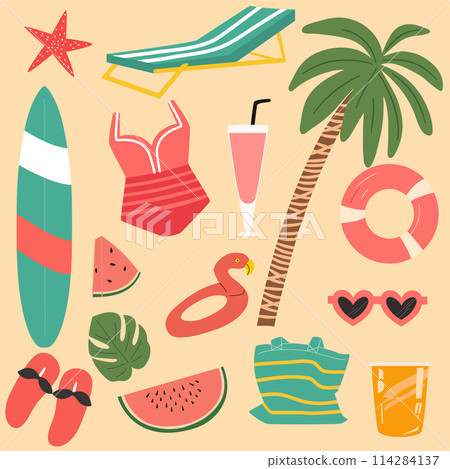 Summer vector elements. Colorful object collection holiday set. 114284137