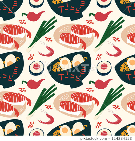 Seamless pattern with ramen noodle and sushi. Asian menu. 114284138