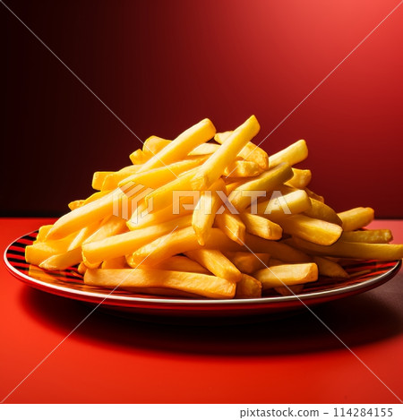 A plate of crispy golden french fries isolated on a red background. 114284155