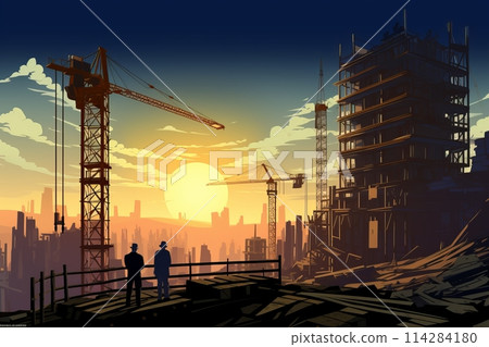 Two businessmen on edge of construction site at sunset 114284180