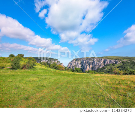 Amazing view of Turda Gorge (Cheile Turzii) natural reserve with marked trails for hikes on Hasdate river. Amazing view of Turda Gorge (Cheile Turzii) natural reserve with marked trails for hikes on Hasdate river. 114284273