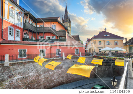 Amazing View of Evangelical Cathedral and the Liars Bridge in the center of Sibiu city. Amazing View of Evangelical Cathedral and the Liars Bridge in the center of Sibiu city. 114284309