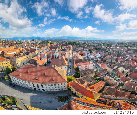 Amazing View from bell tower of St Mary Cathedral on the Old Town in Sibiu city. Amazing View from bell tower of St Mary Cathedral on the Old Town in Sibiu city. 114284310