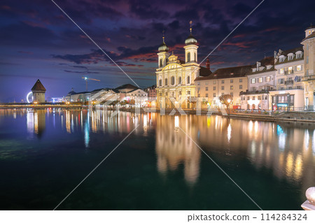 Fabulous historic city center of Lucerne with famous buildings and promenade during night. 114284324