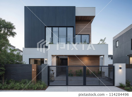 A gray private house of two floors hidden behind a fence with automatic sliding brown gates 114284496