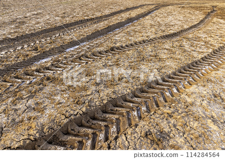 car tracks off-road in the field 114284564