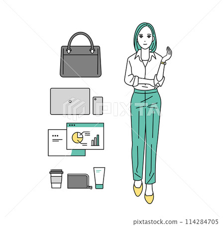 Full-body illustration of planning business person and business tool set 114284705