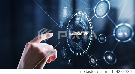 Investigation Business concept. Man presses investigations button on a virtual screen 114284726