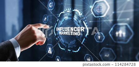 Influencer marketing concept. Promotion of goods or services through influencers 114284728