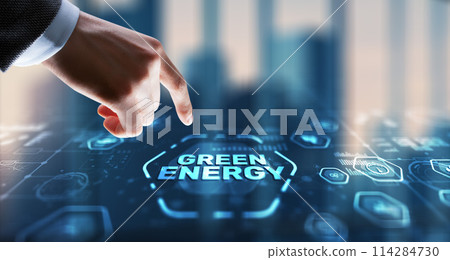 Businessman clicks Green eco energy icons. Reducing environmental risks 114284730