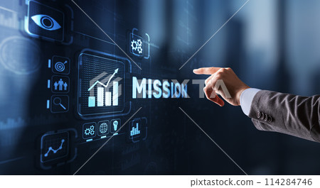 Businessman clicks on virtual screen Mission 114284746