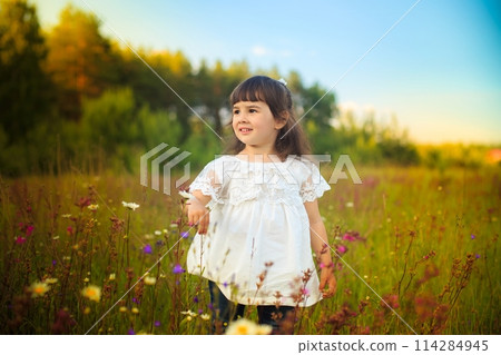 A little girl in a white dress stands on a blooming field and looking away A little girl in a white dress stands on a blooming field and looking away 114284945