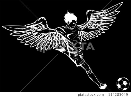 white silhouette of Soccer player with wing and ball on black background white silhouette of Soccer player with wing and ball on black background 114285049