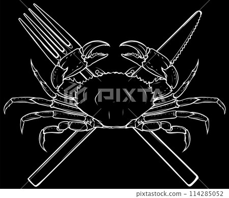 white silhouette of seafood menu design with crab and plate on black background white silhouette of seafood menu design with crab and plate on black background 114285052
