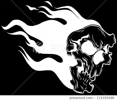 white silhouette of Burning skull with flame hair on black background vector design white silhouette of Burning skull with flame hair on black background vector design 114285086